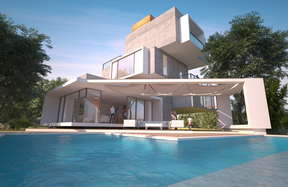 Modernes Einfamilienhaus mit Swimming Pool im Vordergrund